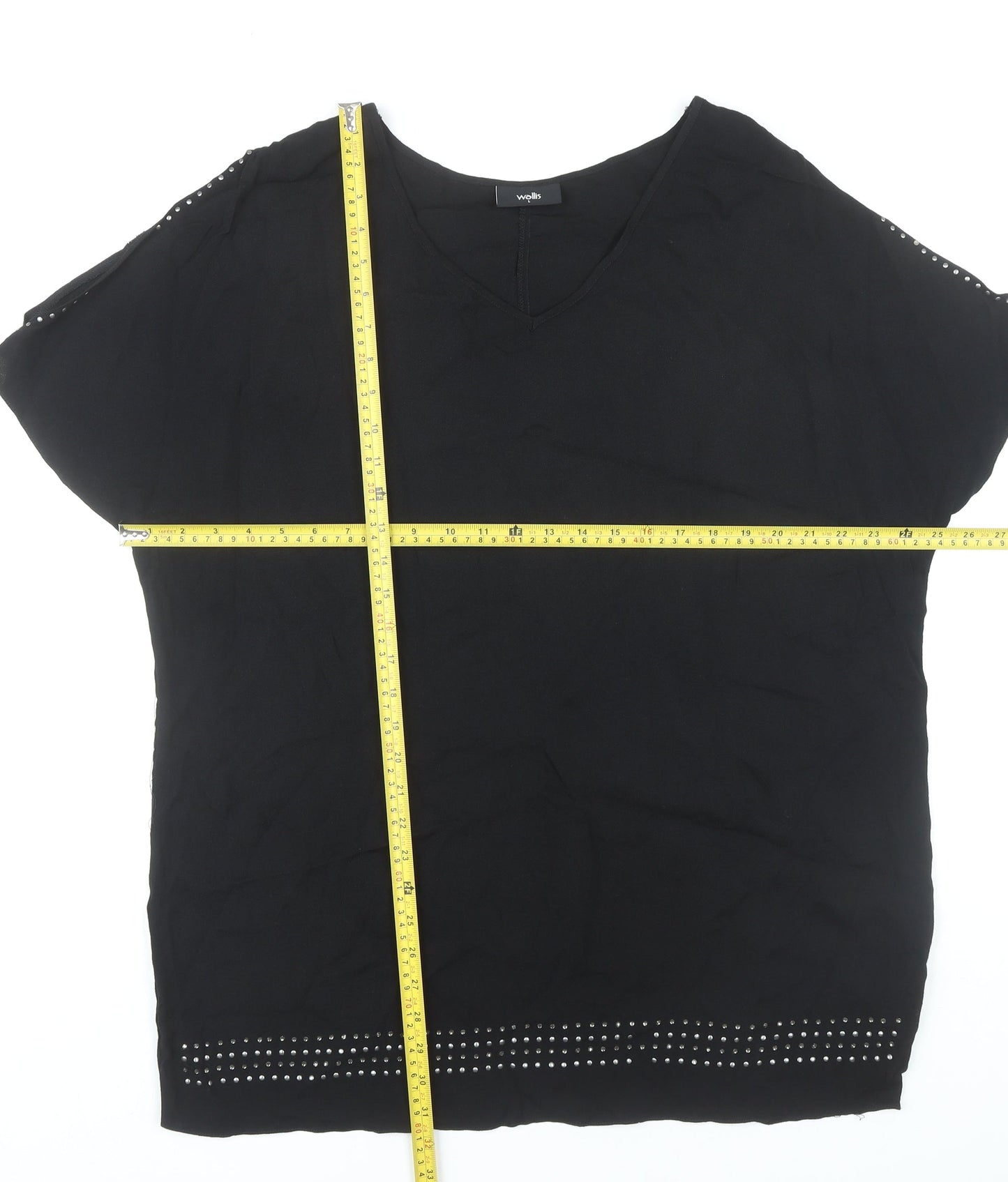 Wallis Womens Black Studded V-Neck Short Sleeve Viscose Blouse L