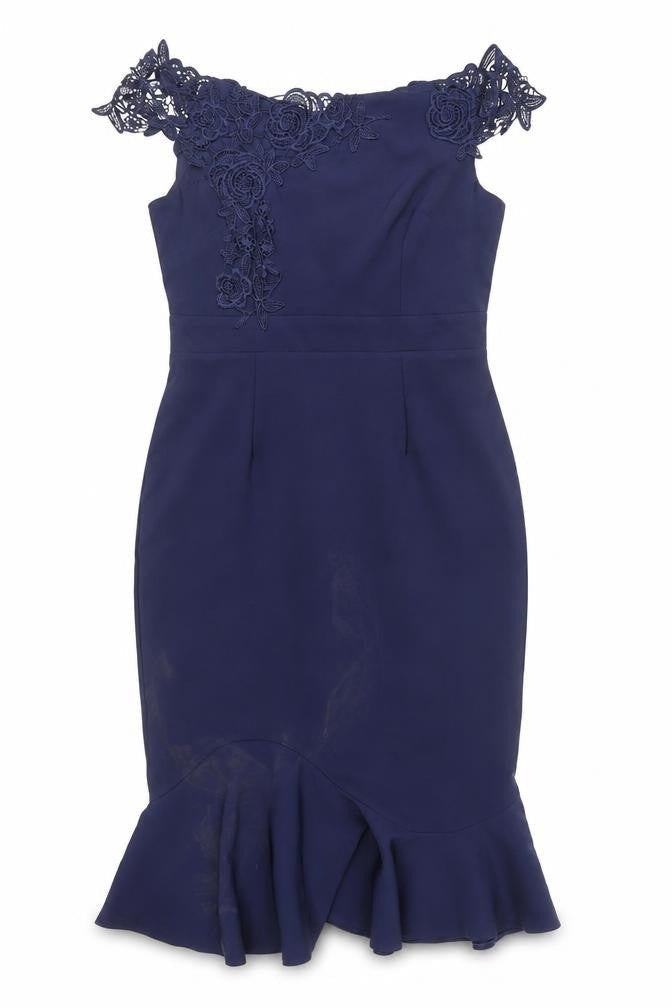 Little Mistress Women’s Blue UK12 Bodycon Lace Off-Shoulder Dress