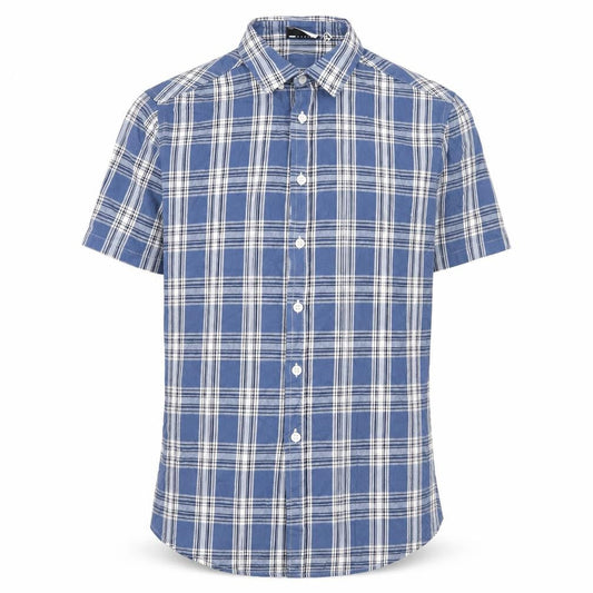 ASOS DESIGN Men's Blue Check Woven Short Sleeve 2XS Button-Up Shirt