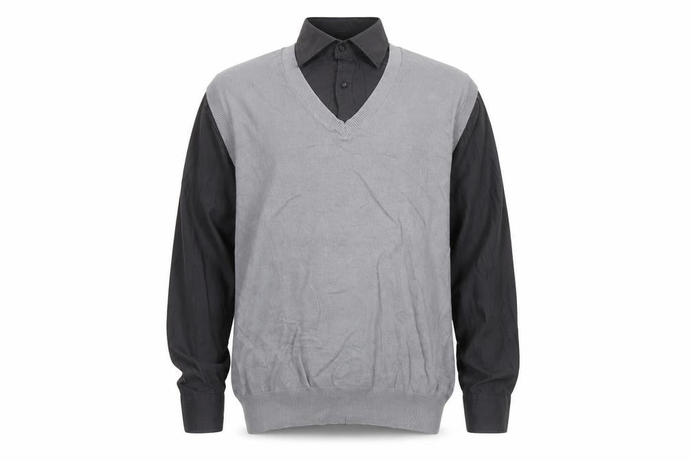 Guide London Mens Grey Black Large Cotton V-Neck Knit Button-Up Shirt