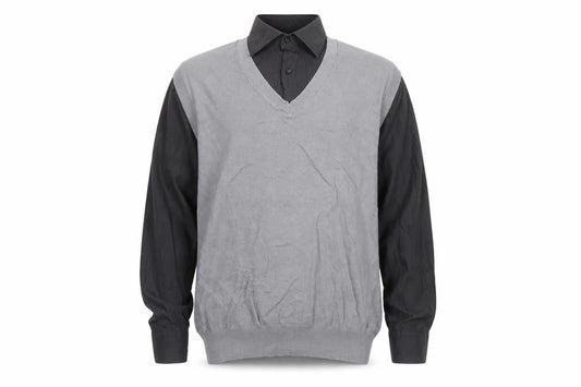 Guide London Mens Grey Black Large Cotton V-Neck Knit Button-Up Shirt