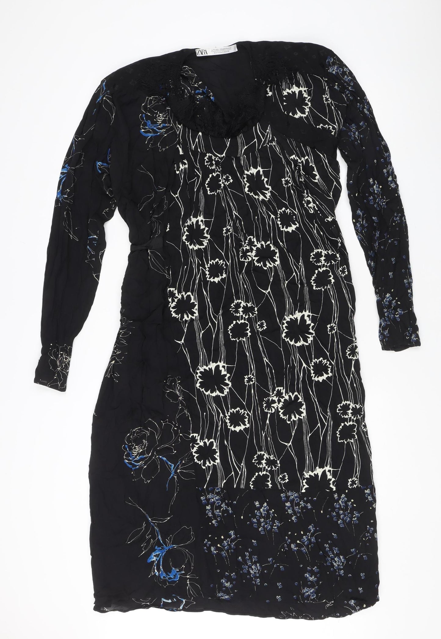 Zara Women Black Floral Midi Wrap Dress S Long Sleeve Autumn Winter