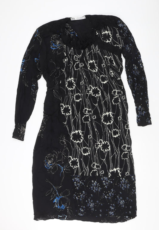 Zara Women Black Floral Midi Wrap Dress S Long Sleeve Autumn Winter