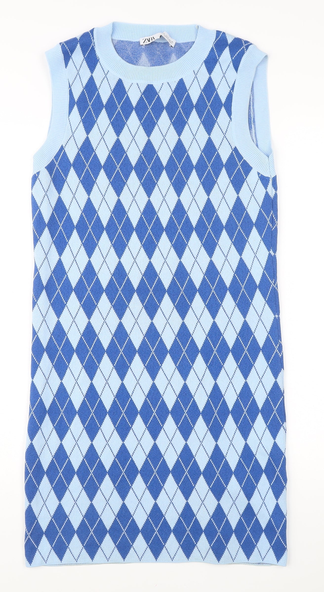 Zara Women’s Blue Argyle Sleeveless Knit Knee Length Dress M