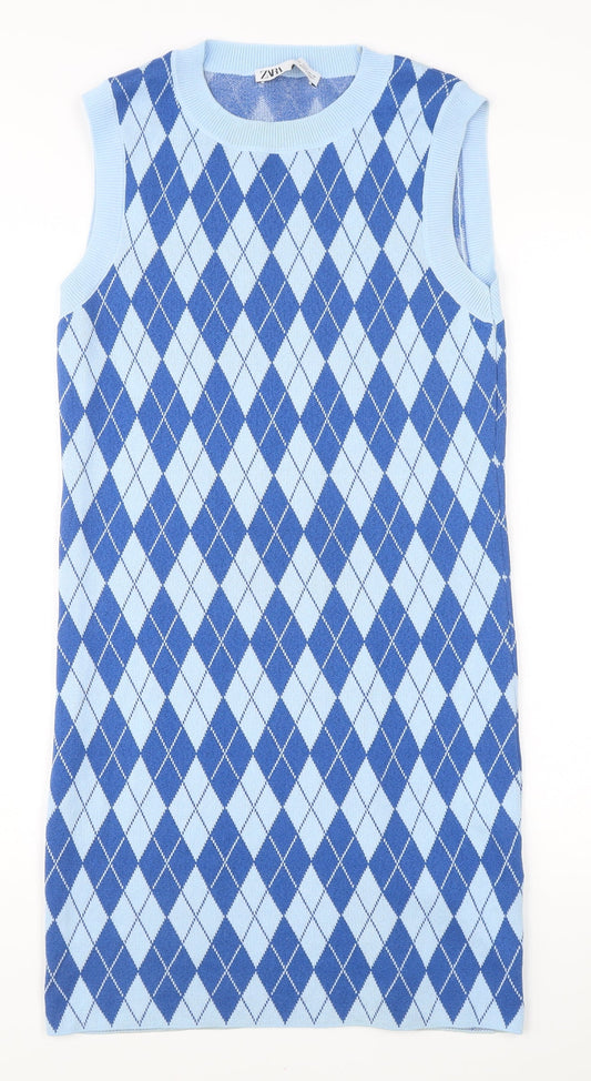 Zara Women’s Blue Argyle Sleeveless Knit Knee Length Dress M