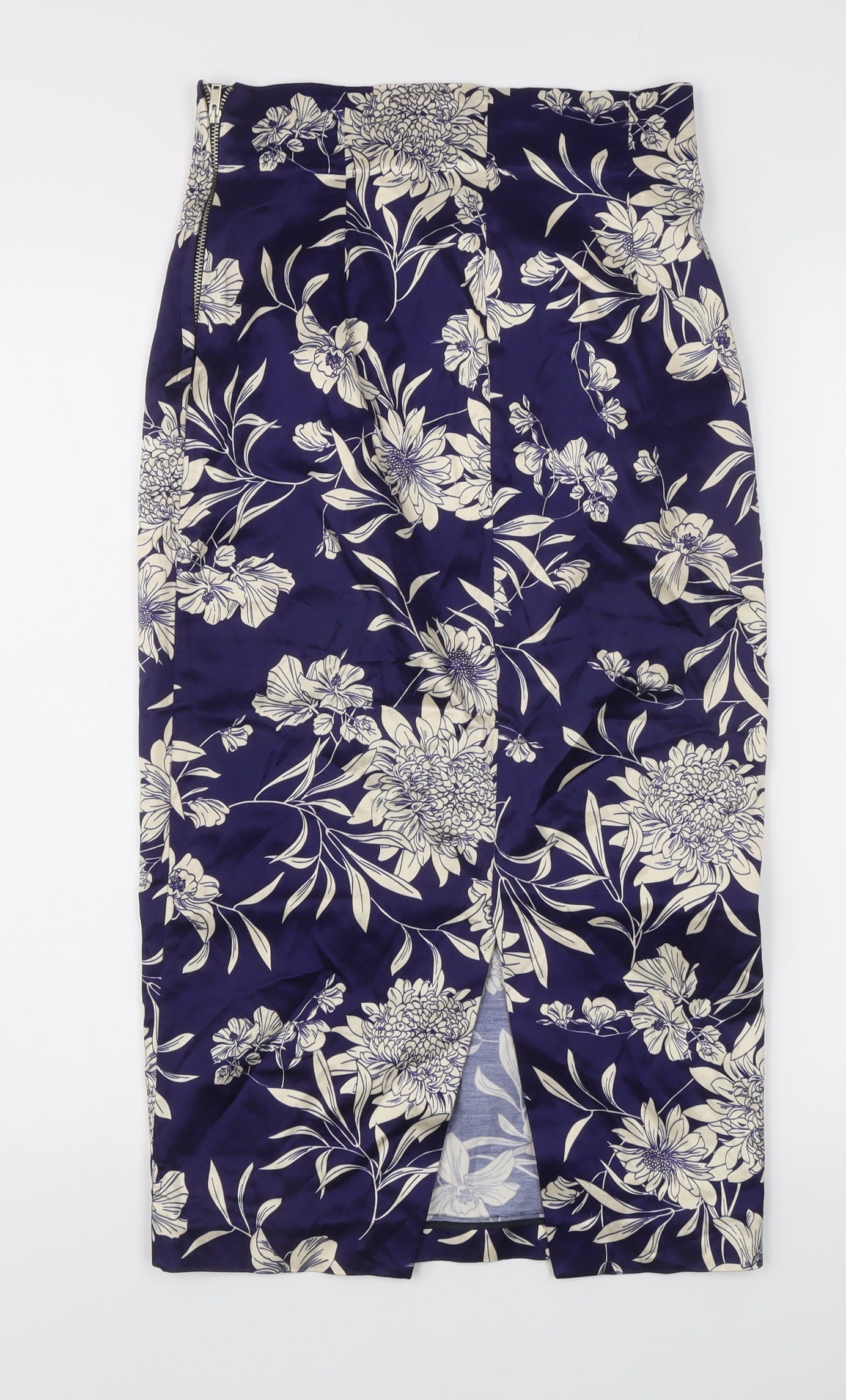 Zara Woman Women's Blue Floral Midi Pencil Skirt XS Satin High Rise
