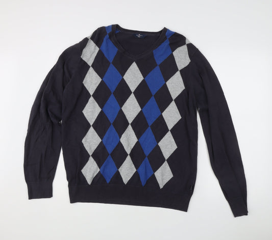 Marks & Spencer Men’s Blue Argyle V-Neck Cotton Golf Jumper M