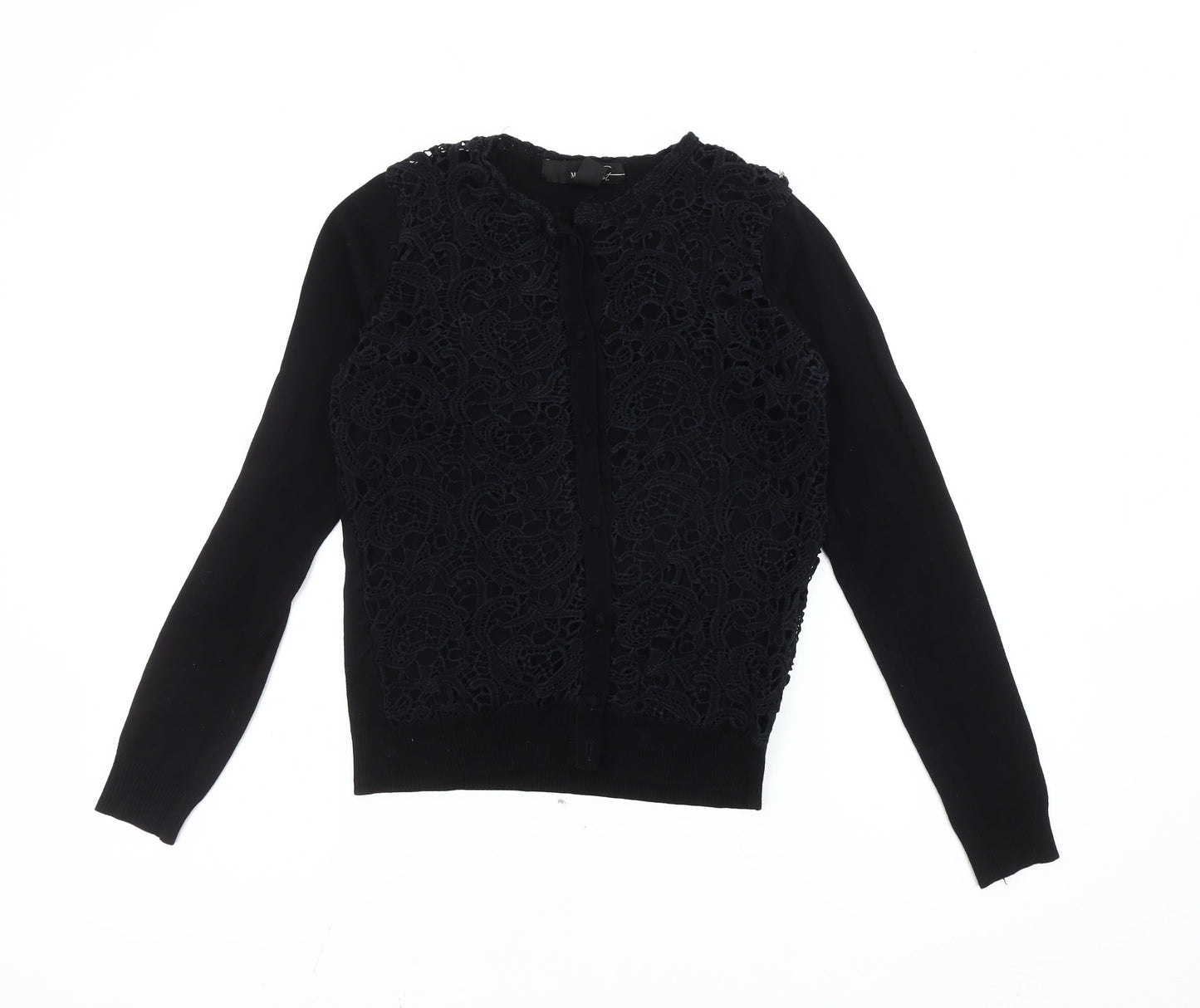 Mango Women's Black Cotton Blend Lace Front Cardigan Size 12
