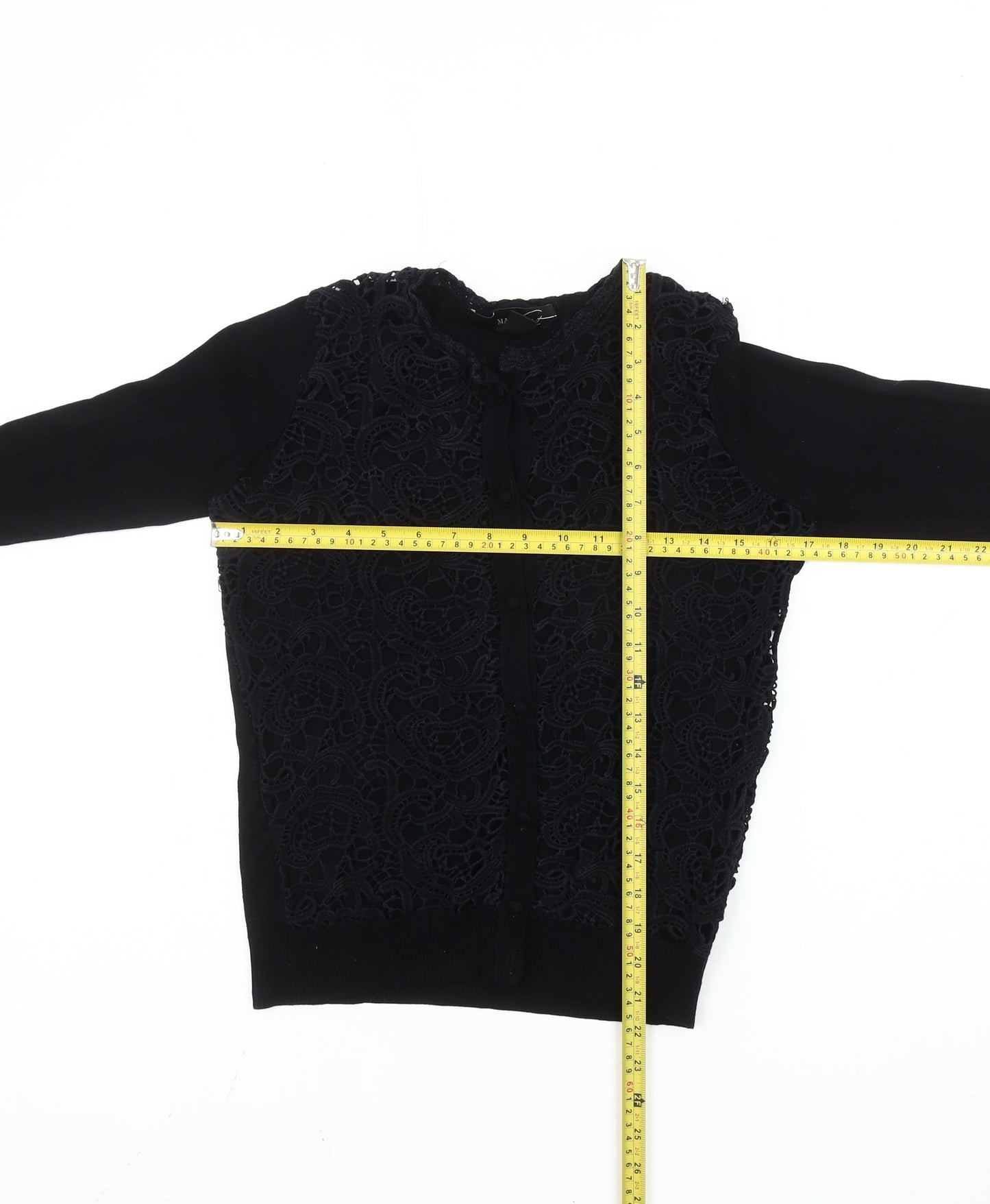 Mango Women's Black Cotton Blend Lace Front Cardigan Size 12