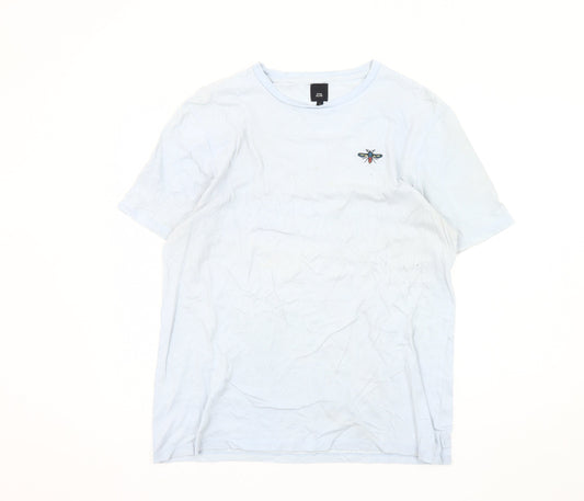 River Island Men’s Blue Cotton Crew Neck Bee Embroidered T-Shirt L