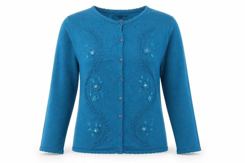 Casamia Women's Blue Floral Knit Long Sleeve Cardigan M