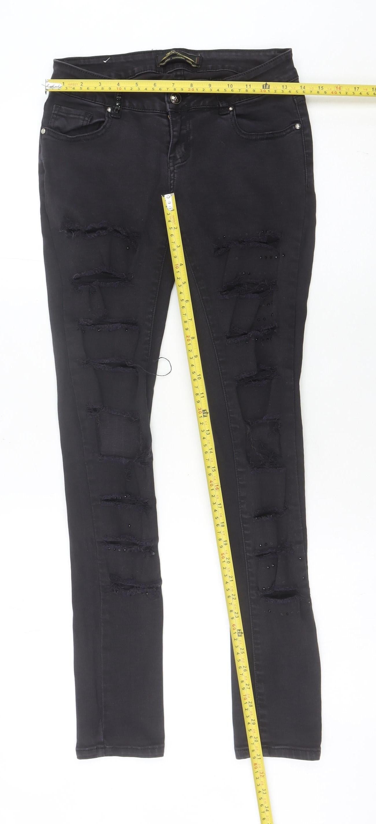 Realty Jeans Womens Black Skinny Distressed Rhinestone Slim Jeans M 28