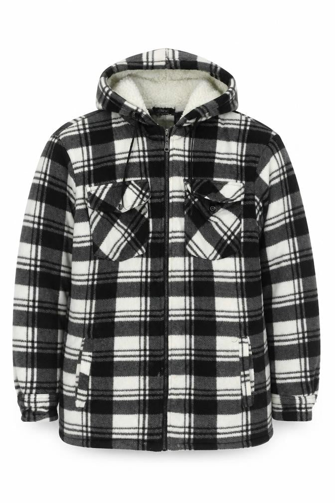 JBC Collection Men's Black Check Fleece Hooded Mid-Length Jacket S