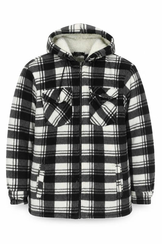 JBC Collection Men's Black Check Fleece Hooded Mid-Length Jacket S