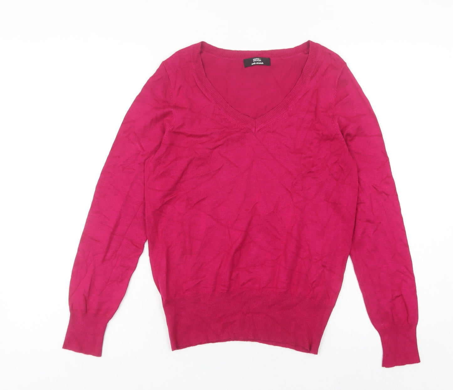 Marks and Spencer Women Pink Size 12 V-Neck Long Sleeve Pullover Jumper