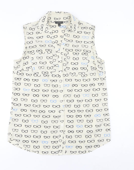 Talbots Women Ivory Sleeveless Button-Up Glasses Print Top S