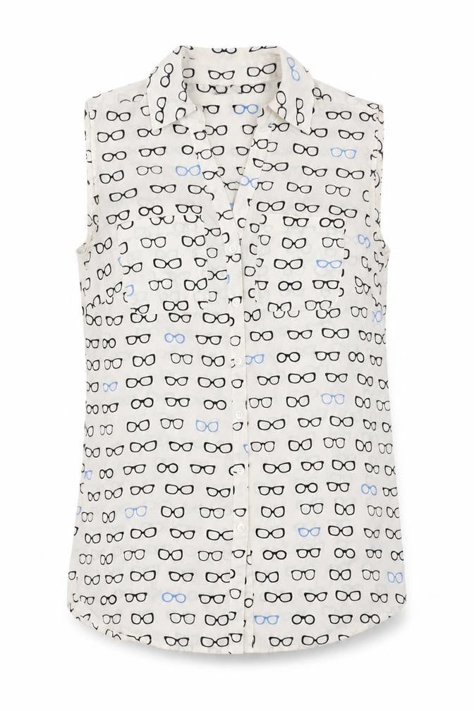 Talbots Women Ivory Sleeveless Button-Up Glasses Print Top S