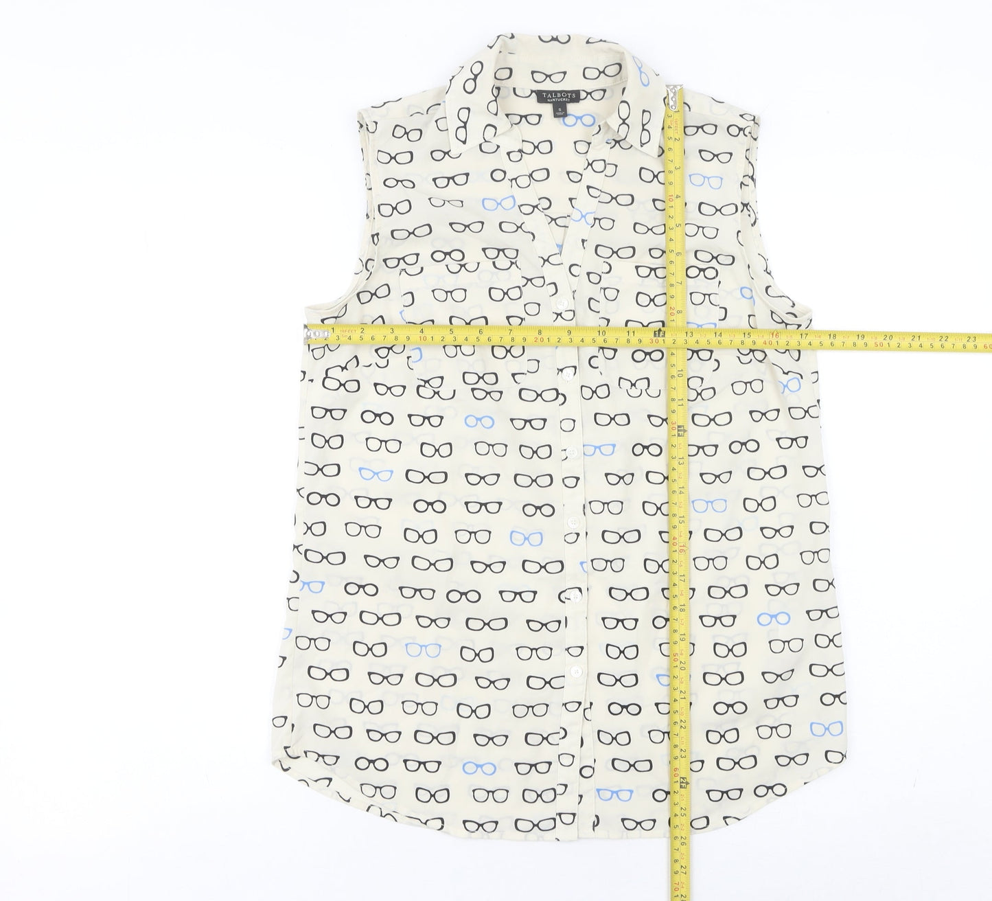 Talbots Women Ivory Sleeveless Button-Up Glasses Print Top S