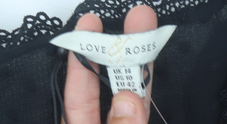 Love & Roses Women’s Black UK 14 Crochet Trim Chiffon Tunic Blouse