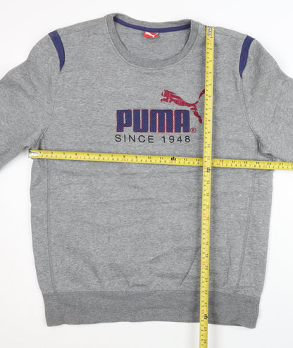 Back view of Puma men’s grey pullover sweatshirt l logo graphic sports casual