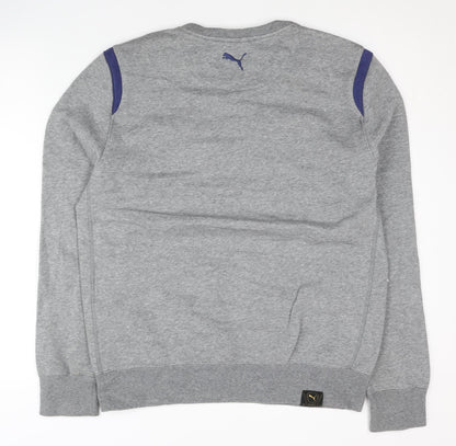Close-up detail of Puma men’s grey pullover sweatshirt l logo graphic sports casual