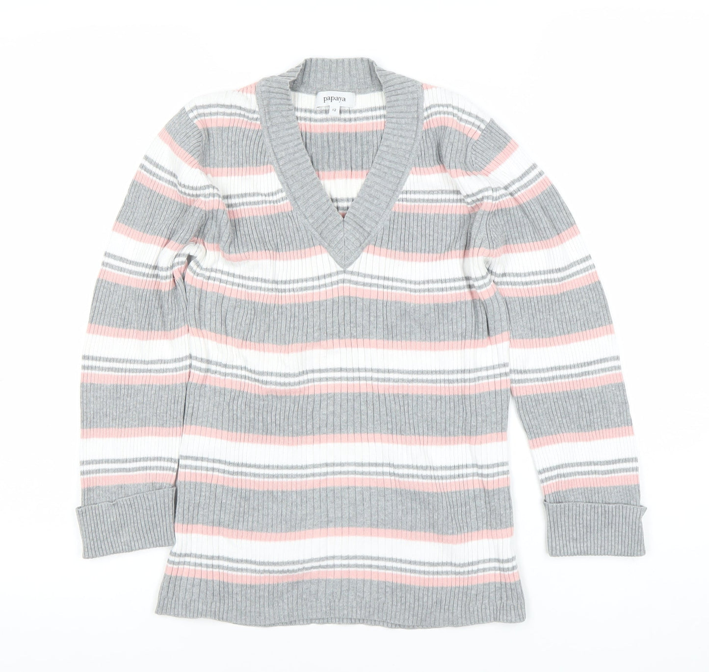 Papaya Women’s Multicoloured Stripe V-Neck Pullover Jumper Size 12
