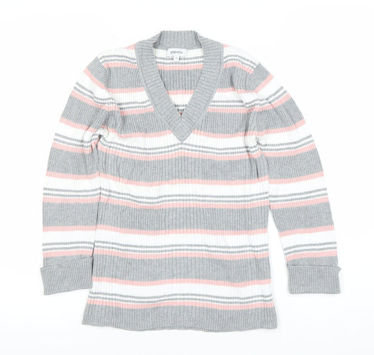 Papaya Women’s Multicoloured Stripe V-Neck Pullover Jumper Size 12