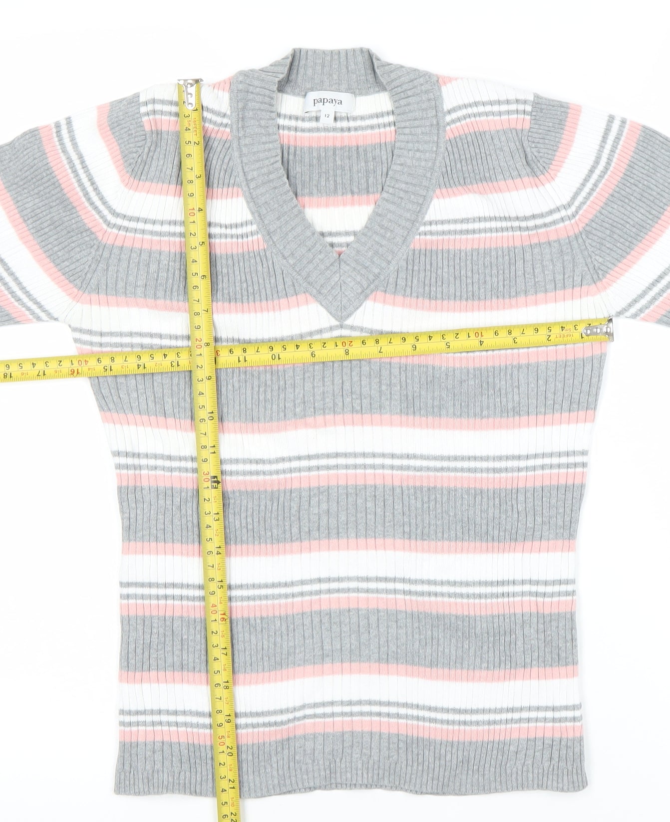 Papaya Women’s Multicoloured Stripe V-Neck Pullover Jumper Size 12
