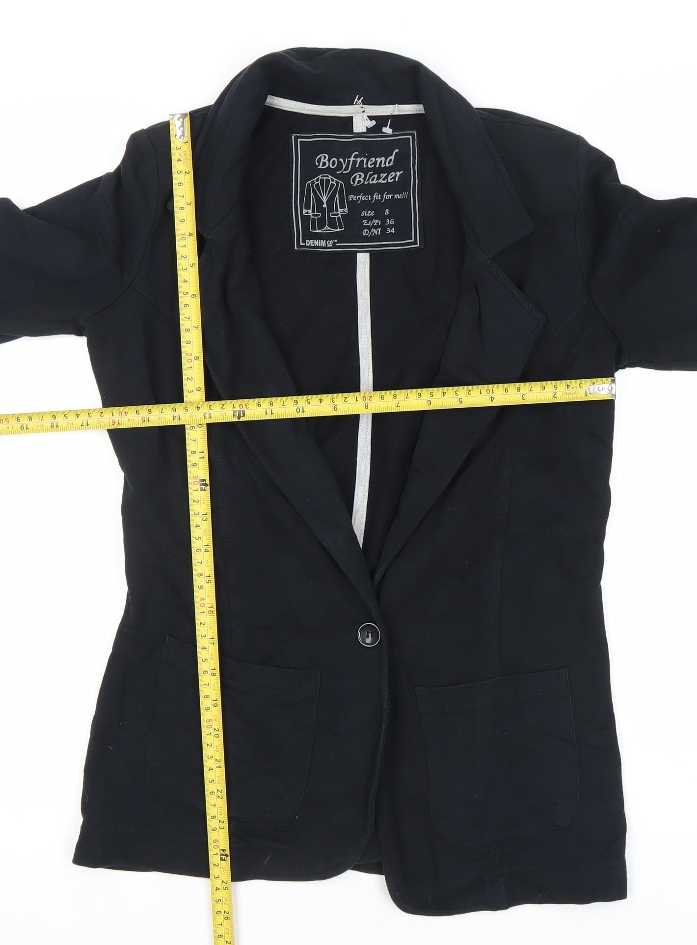 Denim Co. Women's Black Size 8 Boyfriend Blazer Jacket 3/4 Sleeve