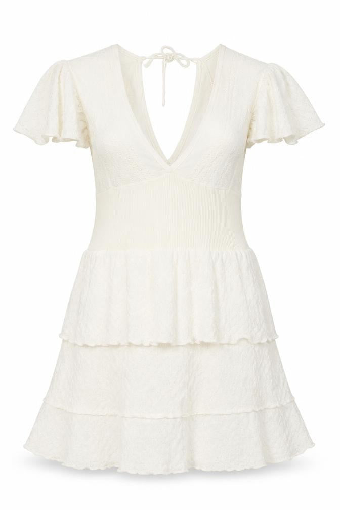 Xing Suit Women Ivory M A-Line Lace Knit Short Flutter Sleeve Dress