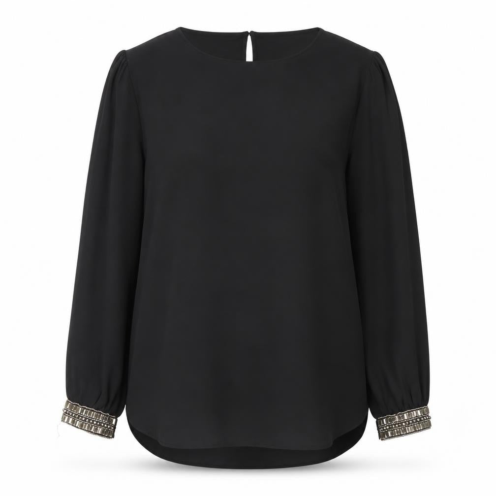 Wallis Women’s Black Beaded Cuff Long Sleeve Chiffon Blouse Size L