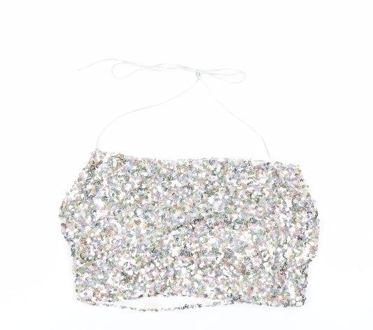 Boohoo Womens Multicoloured Sequin Halter Cropped Tank Top Size 8 Party