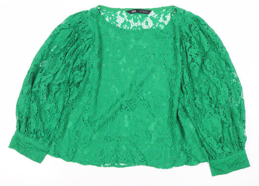 Zara Women Green Lace Puff Sleeve Blouse Size S