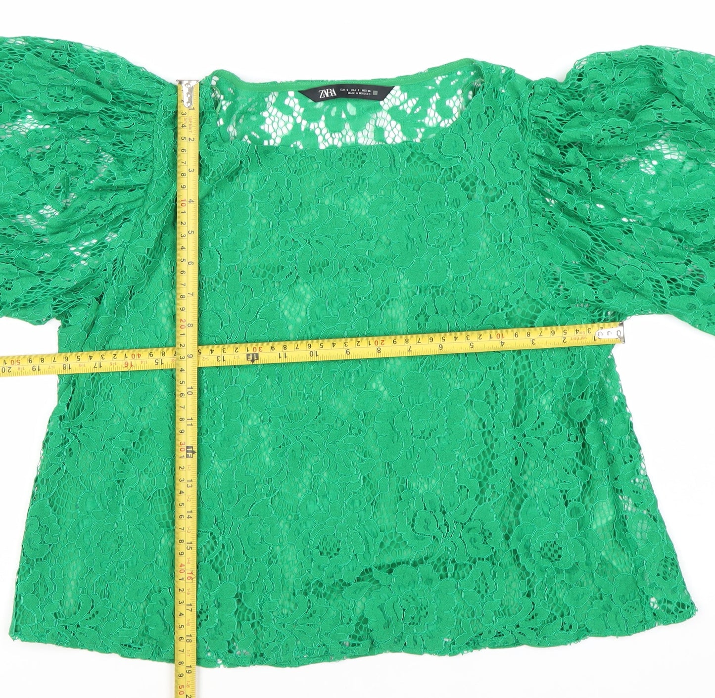 Zara Women Green Lace Puff Sleeve Blouse Size S