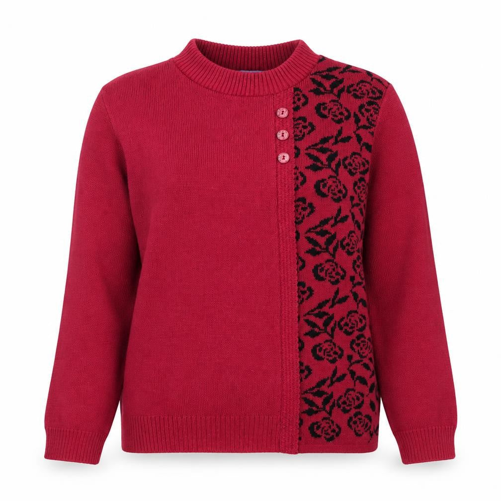 Autonomy Women's Red Floral Knit Crew Neck Long Sleeve Cardigan Size S
