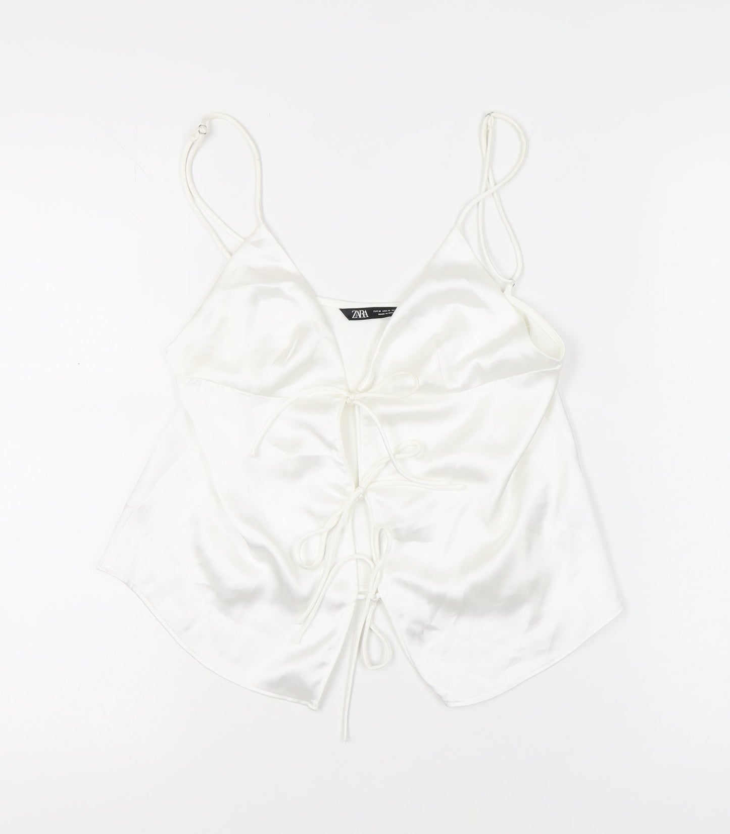 Zara Women White Satin Camisole Top UK 12 Spaghetti Strap V-Neck Summer