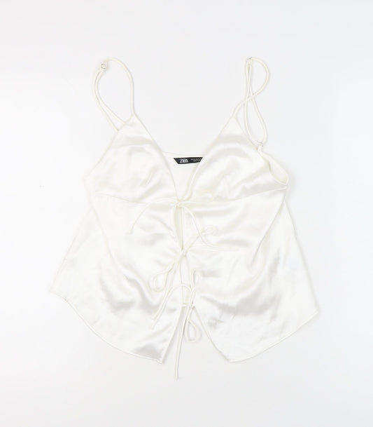 Zara Women White Satin Camisole Top UK 12 Spaghetti Strap V-Neck Summer