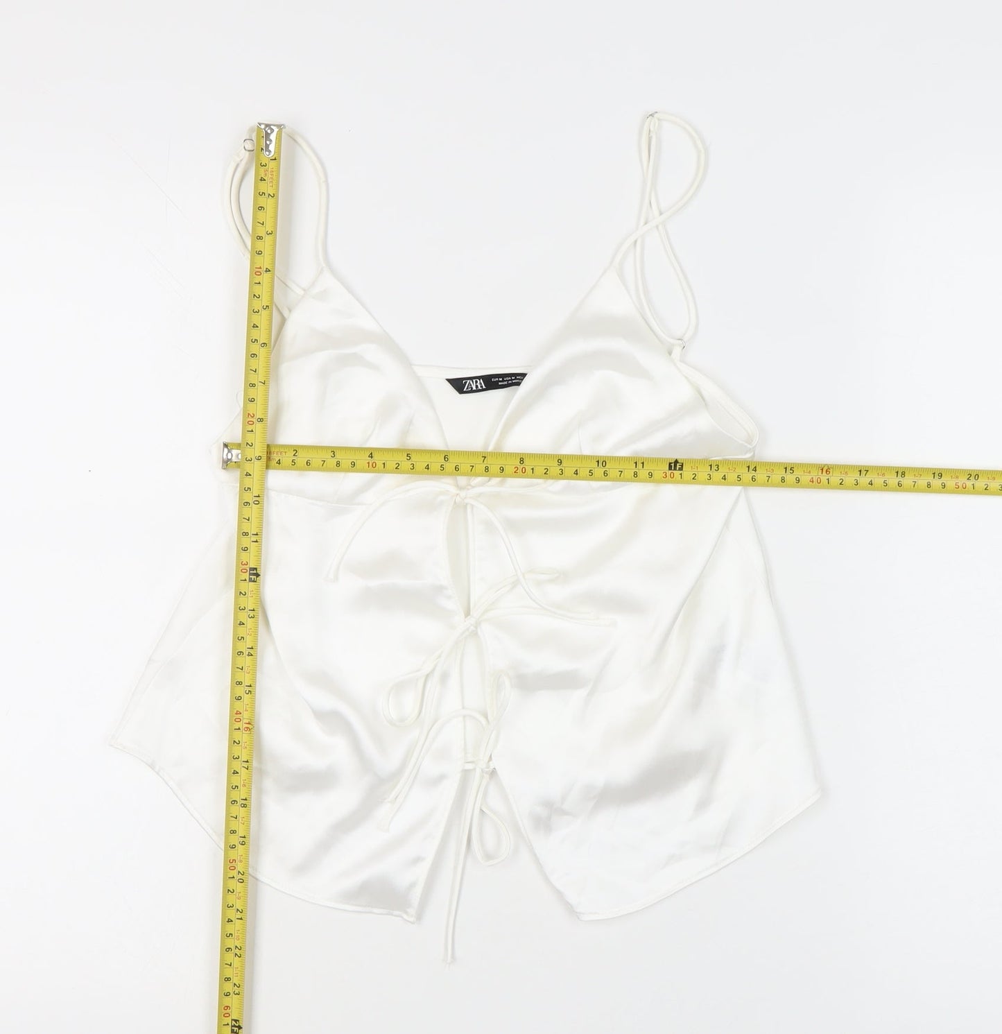 Zara Women White Satin Camisole Top UK 12 Spaghetti Strap V-Neck Summer