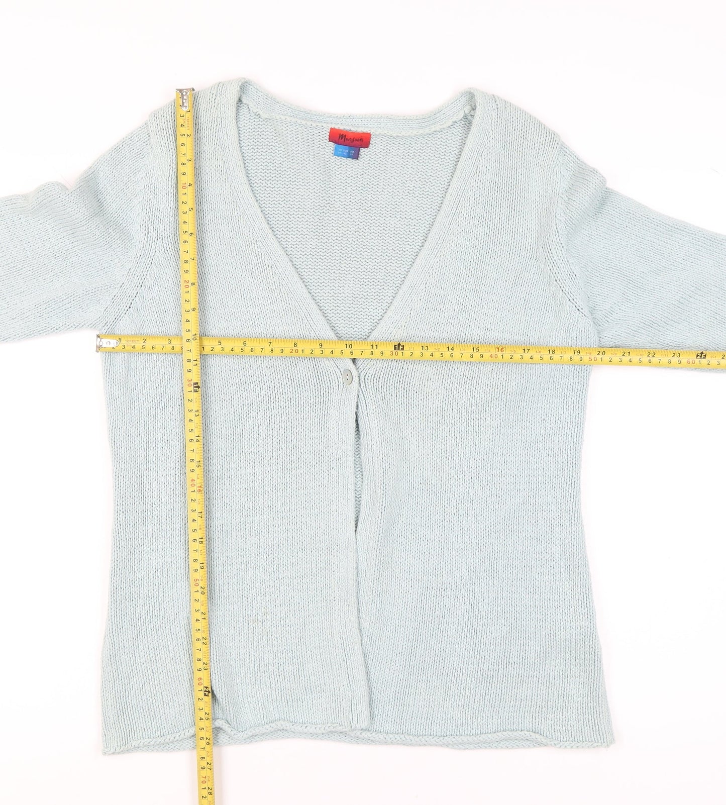 Monsoon Women Blue Size 14 V-Neck 3/4 Sleeve Cotton Cardigan