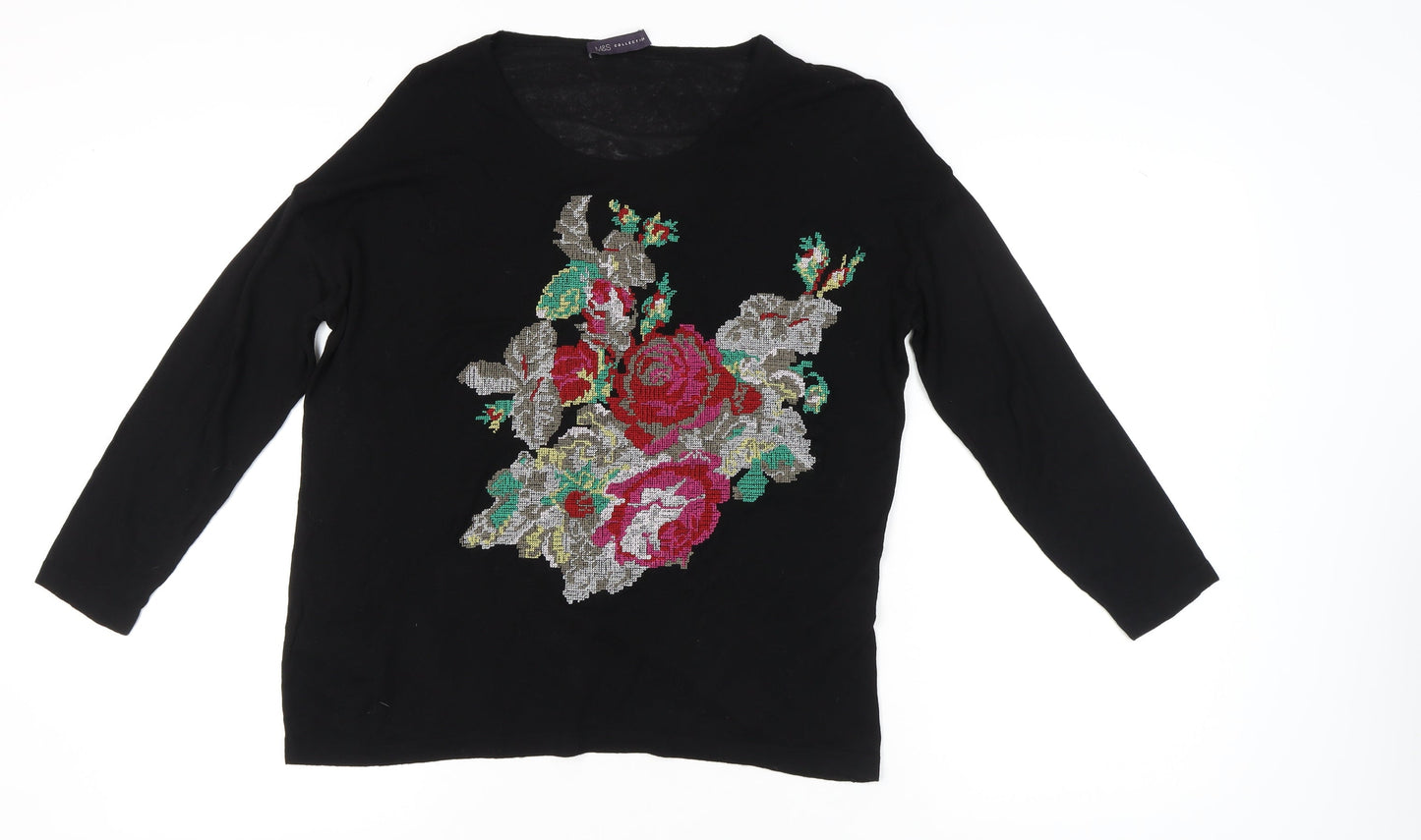 Marks and Spencer Women’s Black Floral Embroidered Pullover Jumper Size 8