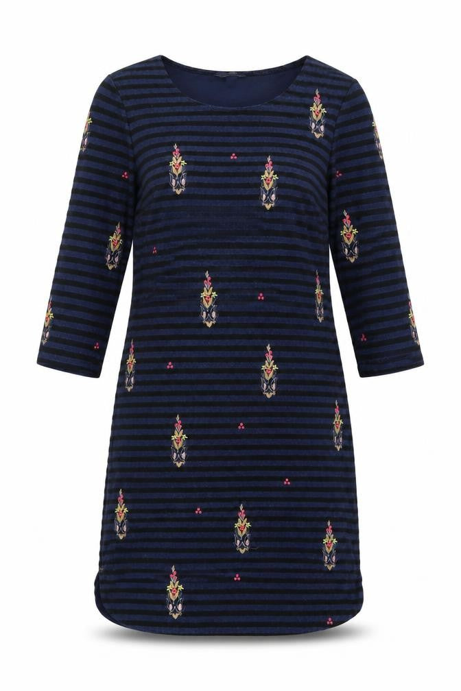 White Stuff Women's Blue Size 8 Shift Dress Striped Embroidered Velvet