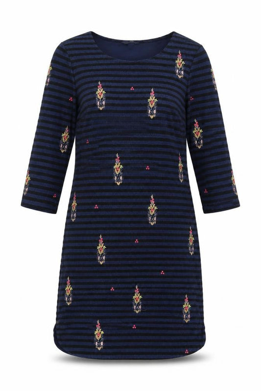 White Stuff Women's Blue Size 8 Shift Dress Striped Embroidered Velvet