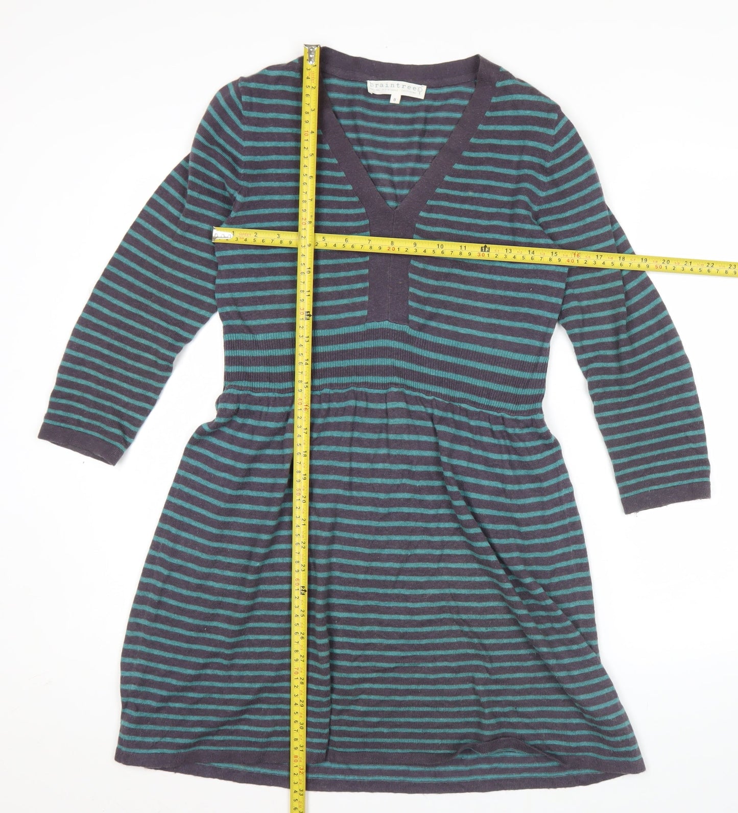 Braintree Women’s Blue Striped A-Line Knit Dress Size 8 V-Neck Long Sleeve