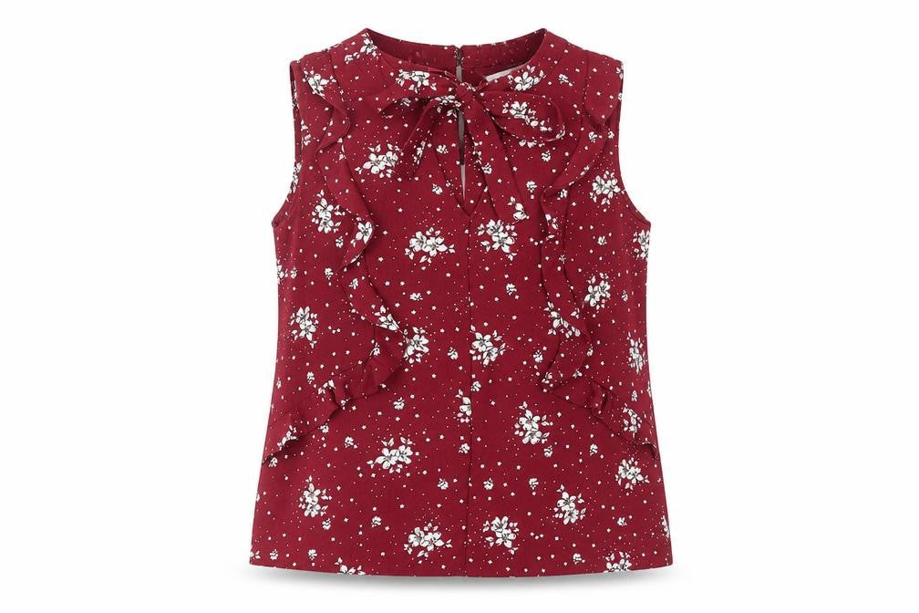 Red Herring Women’s Red Floral Sleeveless Blouse Size 8 Ruffle Bow Workwear