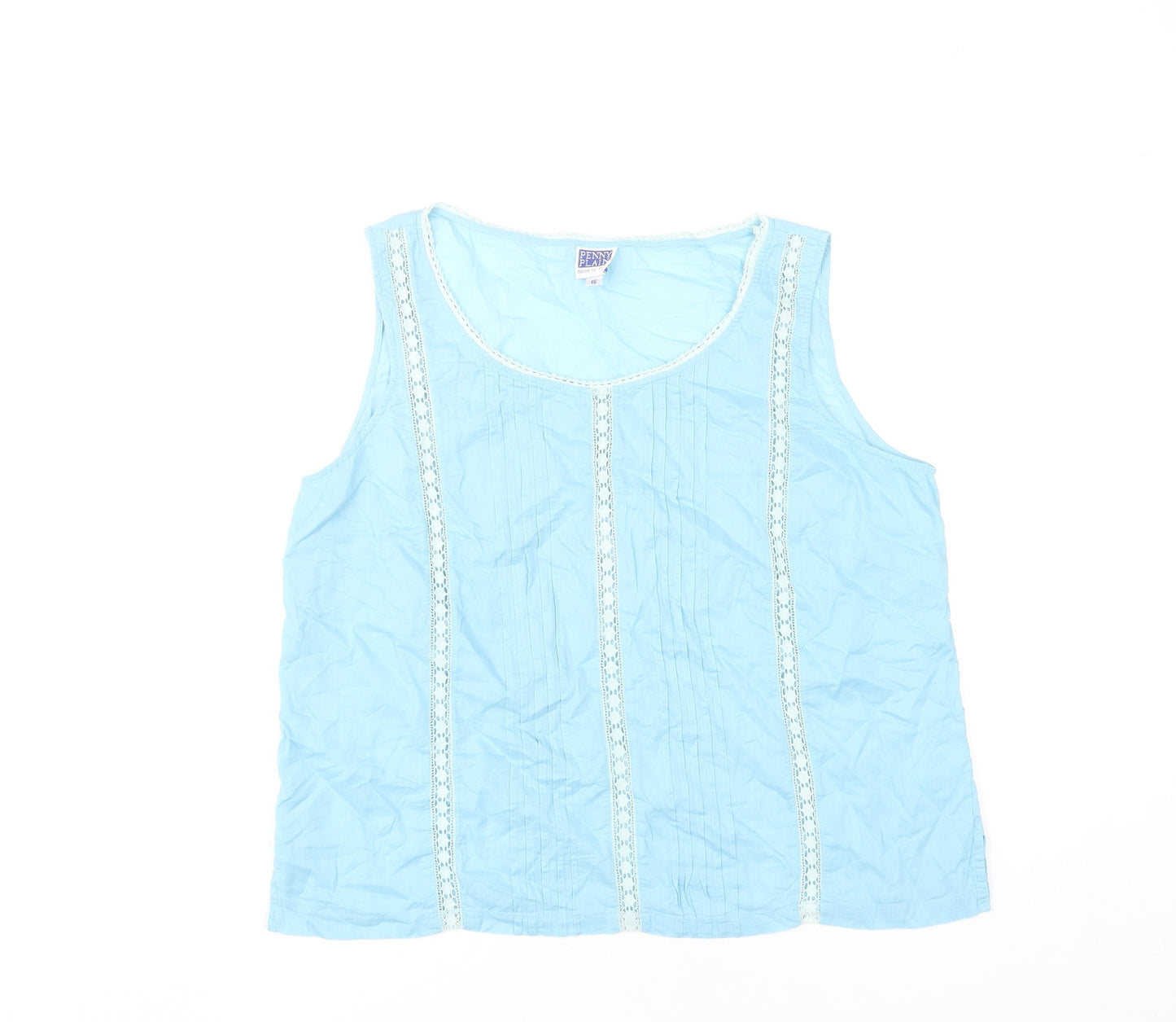 Penny Plain Women's Blue Cotton Crochet Accent Sleeveless Tank Top Size 16