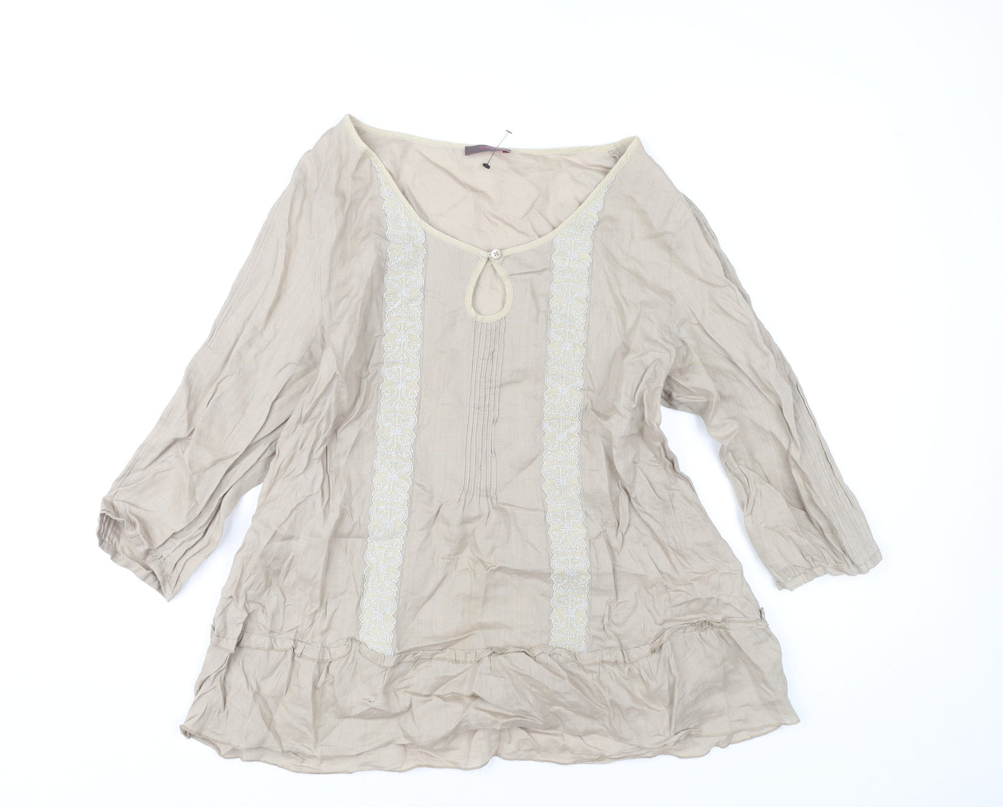 Wrap Women’s Beige Tunic Blouse UK 14 Ramie 3/4 Sleeve Embroidered