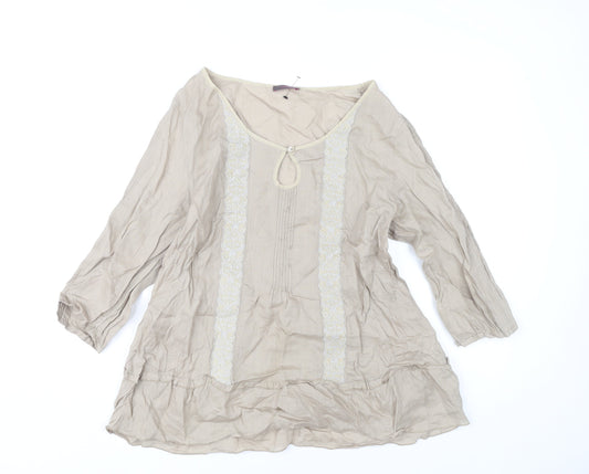 Wrap Women’s Beige Tunic Blouse UK 14 Ramie 3/4 Sleeve Embroidered