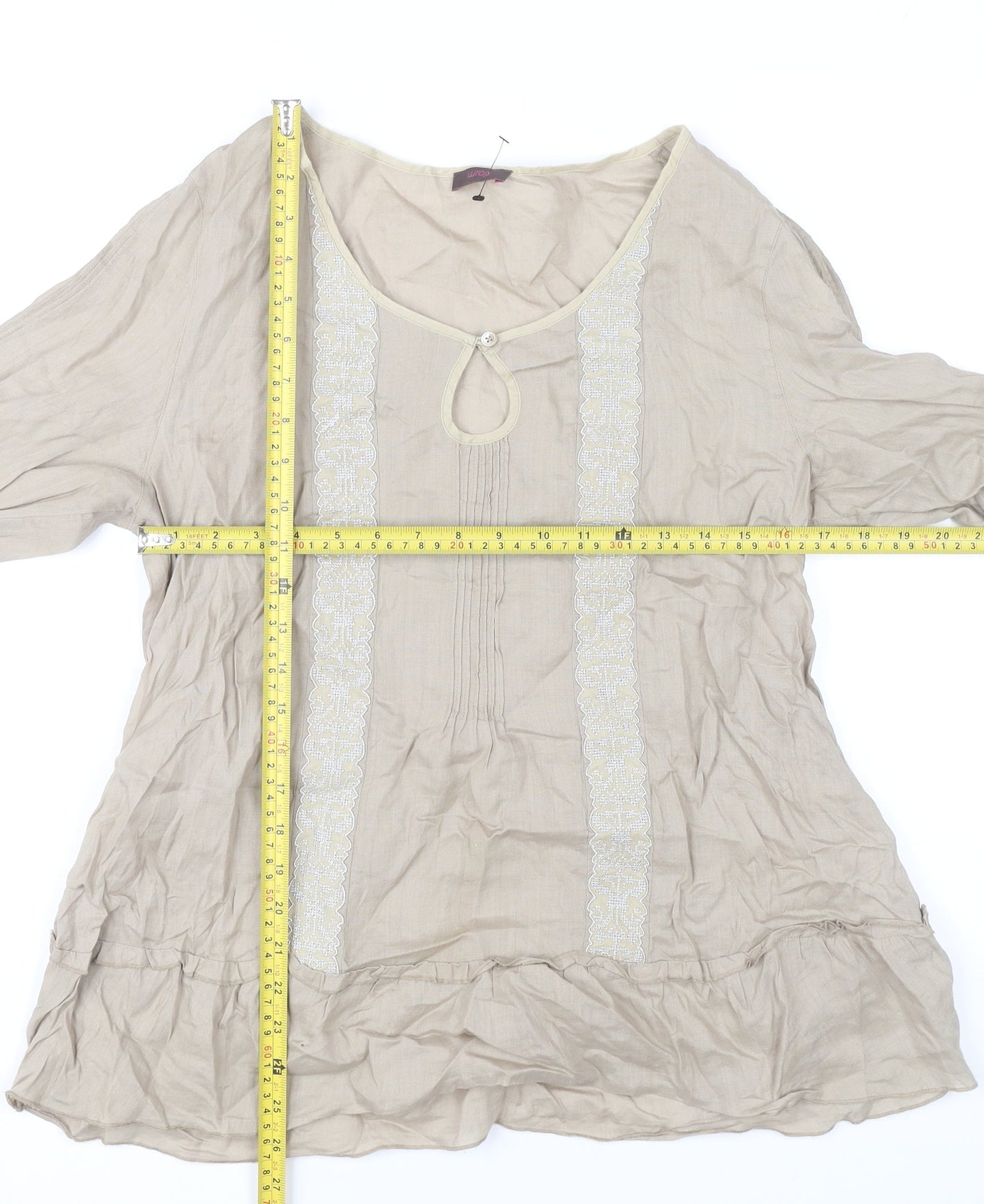 Wrap Women’s Beige Tunic Blouse UK 14 Ramie 3/4 Sleeve Embroidered