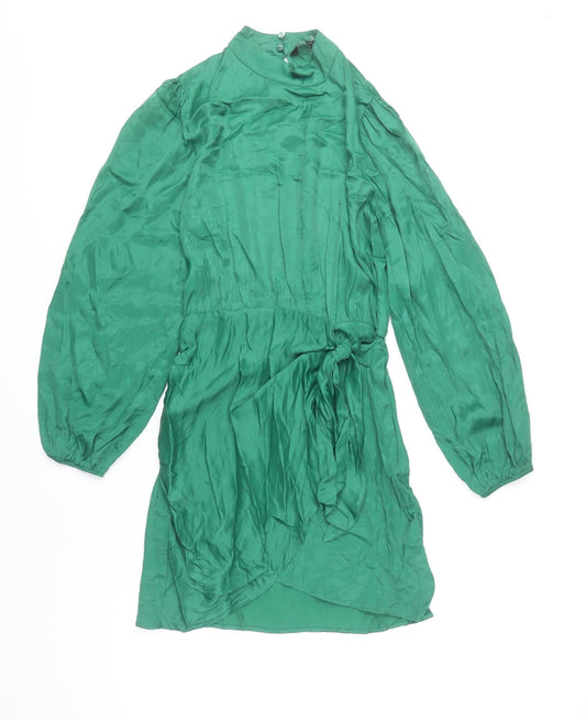Zara Women’s Green XS Shift Dress High Neck Belted Long Sleeve