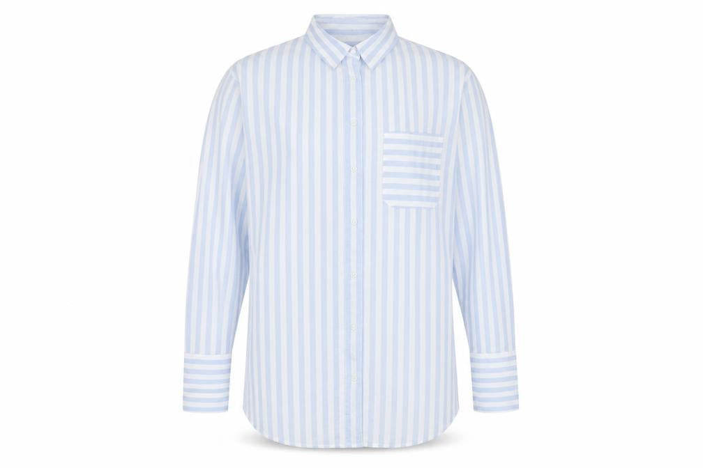 Marks & Spencer Unisex Adults Blue Striped Cotton Long Sleeve Shirt Size 16